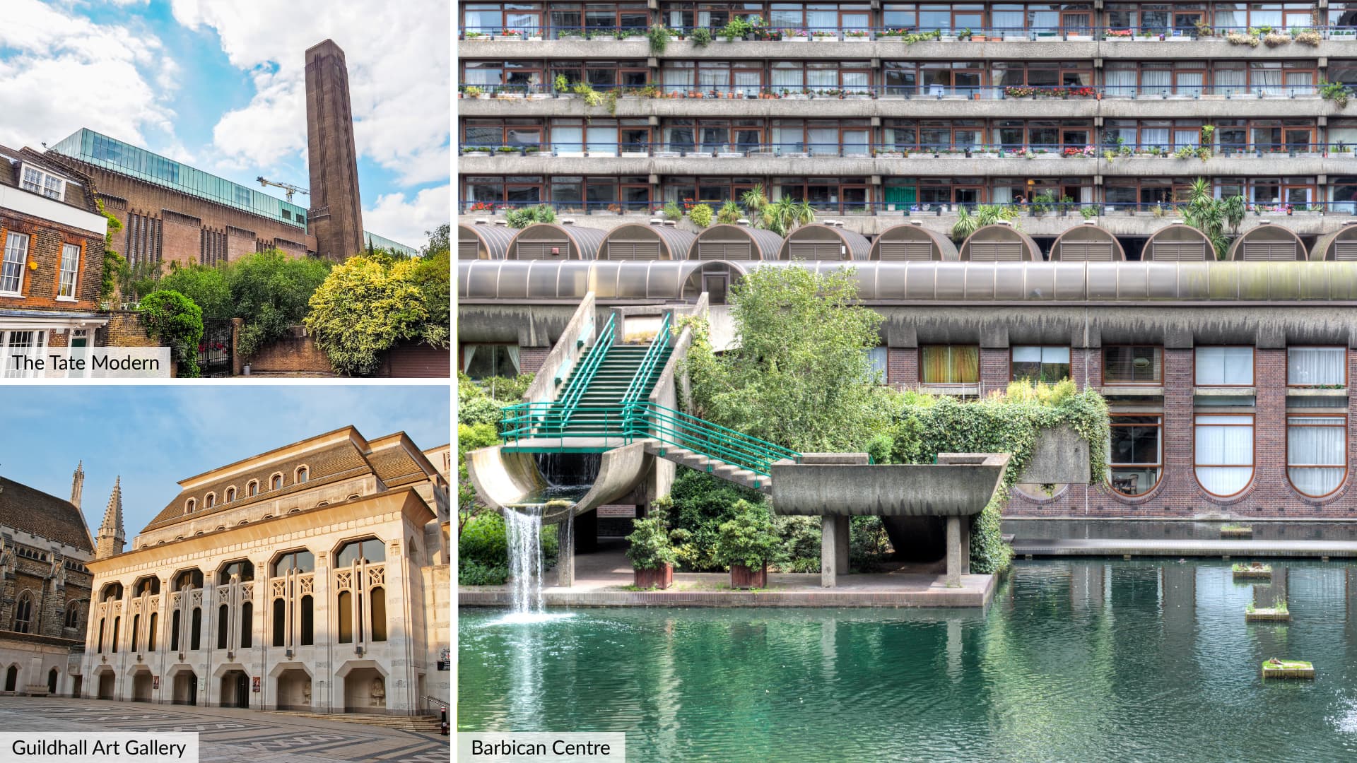 Photo collage of various art galleries & locations in London.