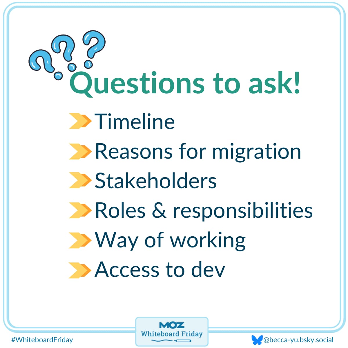 Zoomed in section of the whiteboard with a list of questions to ask once you know there is a migration happening.