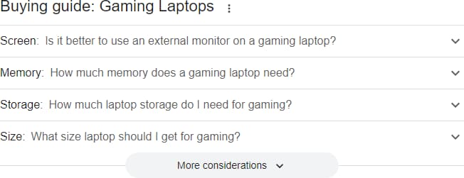 A screenshot of a 'buying guide' SERP feature via a search for 'gaming laptops'