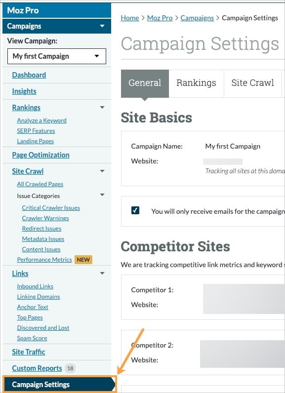 Moz Pro campaign settings menu
