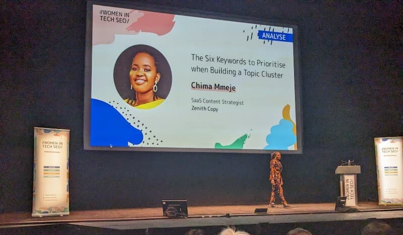 Chima Mmeje presenting at the Women in Tech SEO conference