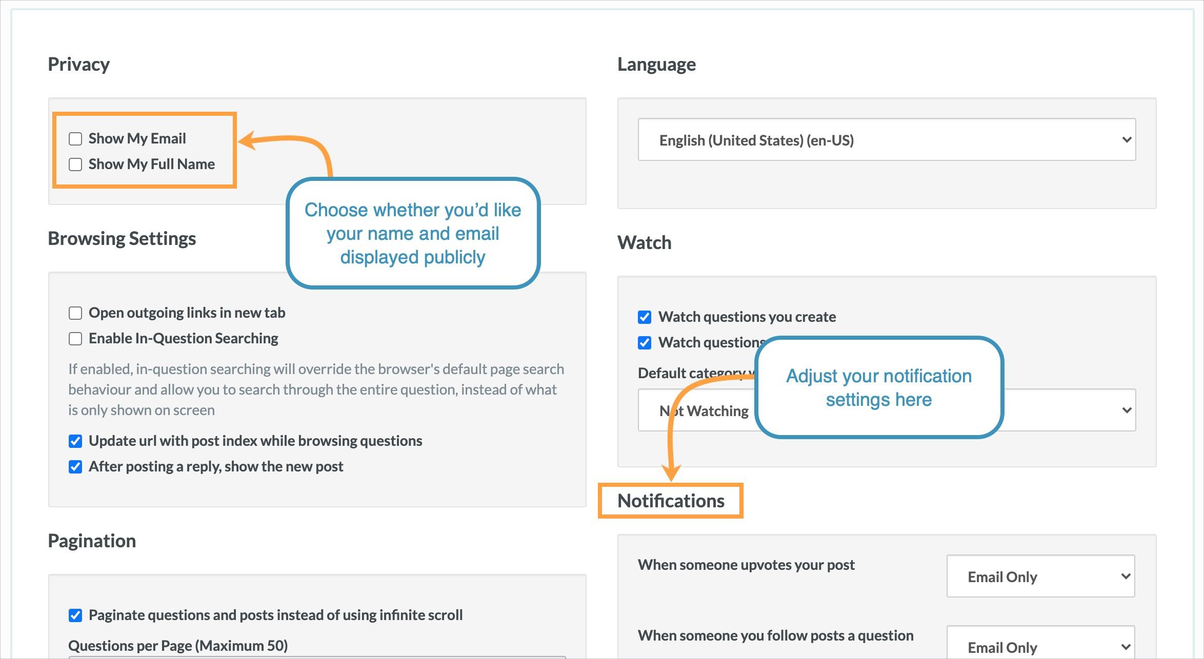 Within the settings options you can opt to hide your email and full name as well as adjust your notification settings.