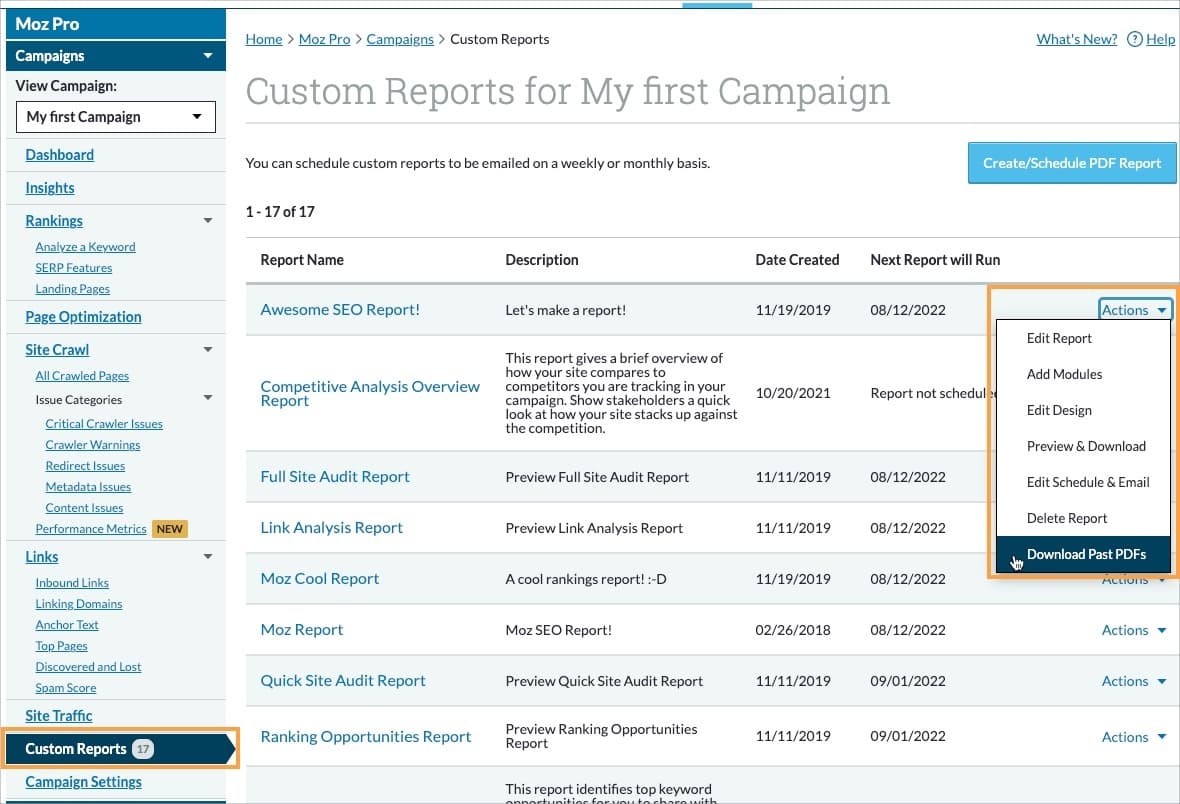 Download past Custom Report PDFs via the Actions menu of the Custom Reports section in your Moz Pro Campaign.