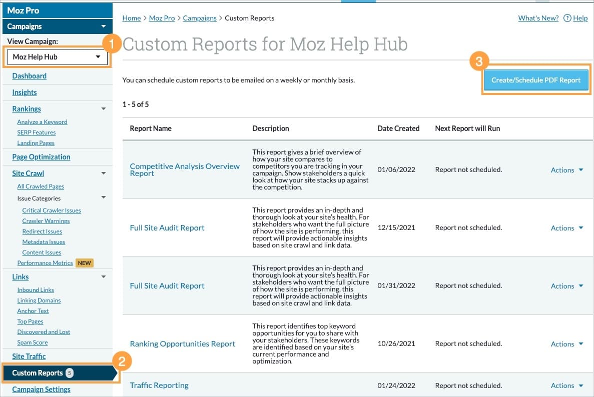 Select the Campaign you'd like to create a report for and then head to Custom Reports via the left hand navigation. You can then create a new report using the button on the top right.