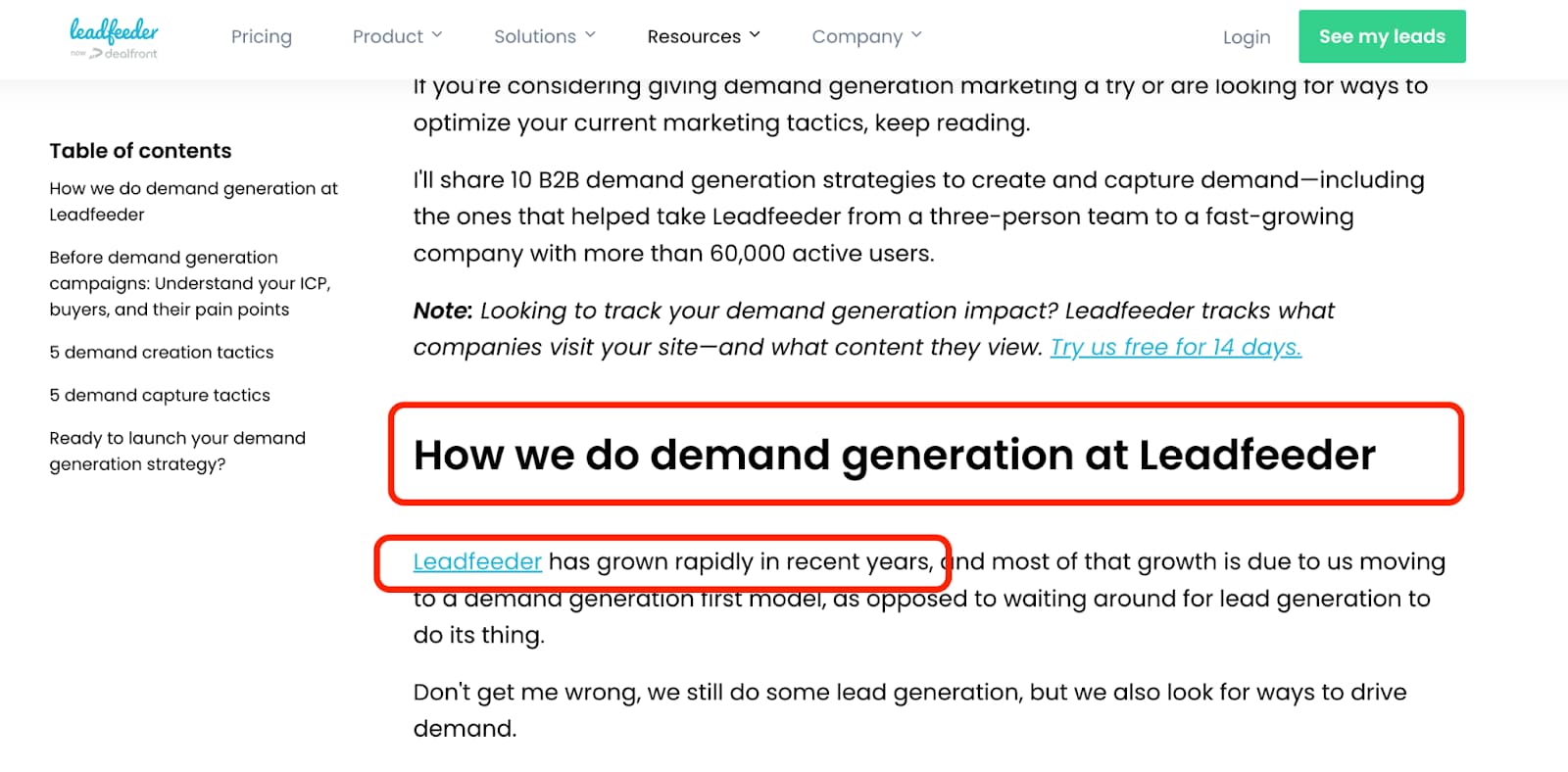 Screenshot of Leadfeeder article example that is centered around their brand name and strategies