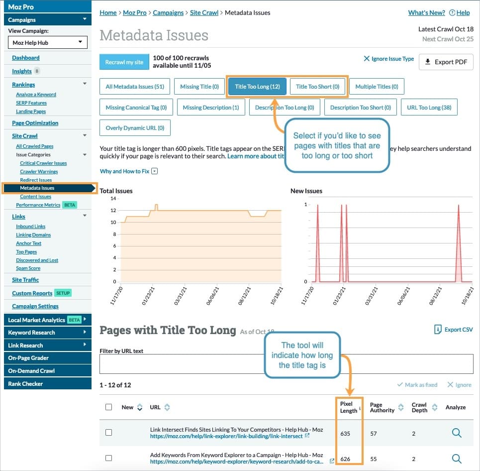 Within the Metadata Issues section of your Site Crawl, select Title too long or Title too short to see more information.