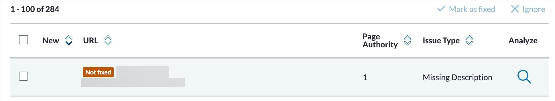 Screenshot of Moz Pro Site Crawl with issue marked as not fixed.