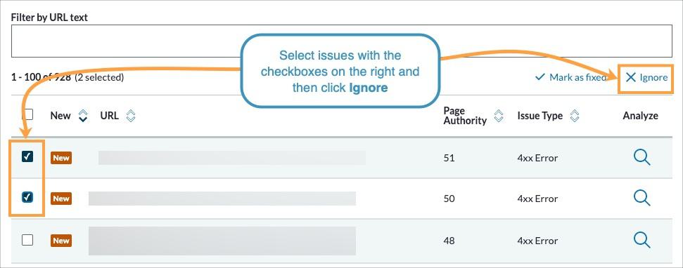 Screenshot of Moz Pro Site Crawl with boxes checked on the left and ignore button highlighted.