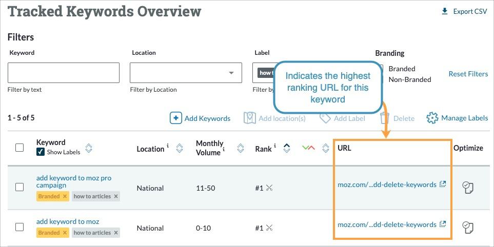 Screenshot of Rankings Overview with URL column outlined and text stating "Indicates the highest ranking URL for this keyword."