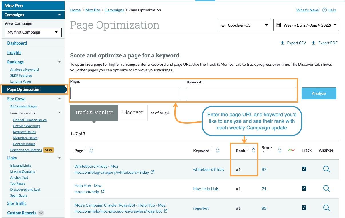 Page Optimization offers the ability to see the rank and optimization score for your page and keyword each week.