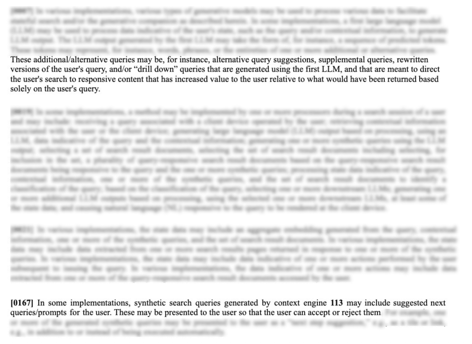 Patent text excerpt describing synthetic query generation process where LLMs create additional/alternative queries based on user input and contextual information