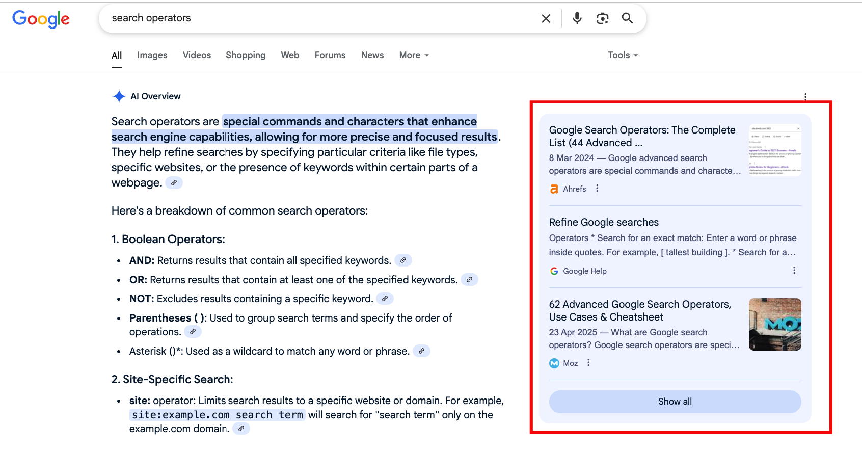 Google search results page showing AI-generated overview of search operators with highlighted semantic matches and a citation box referencing external authoritative sources