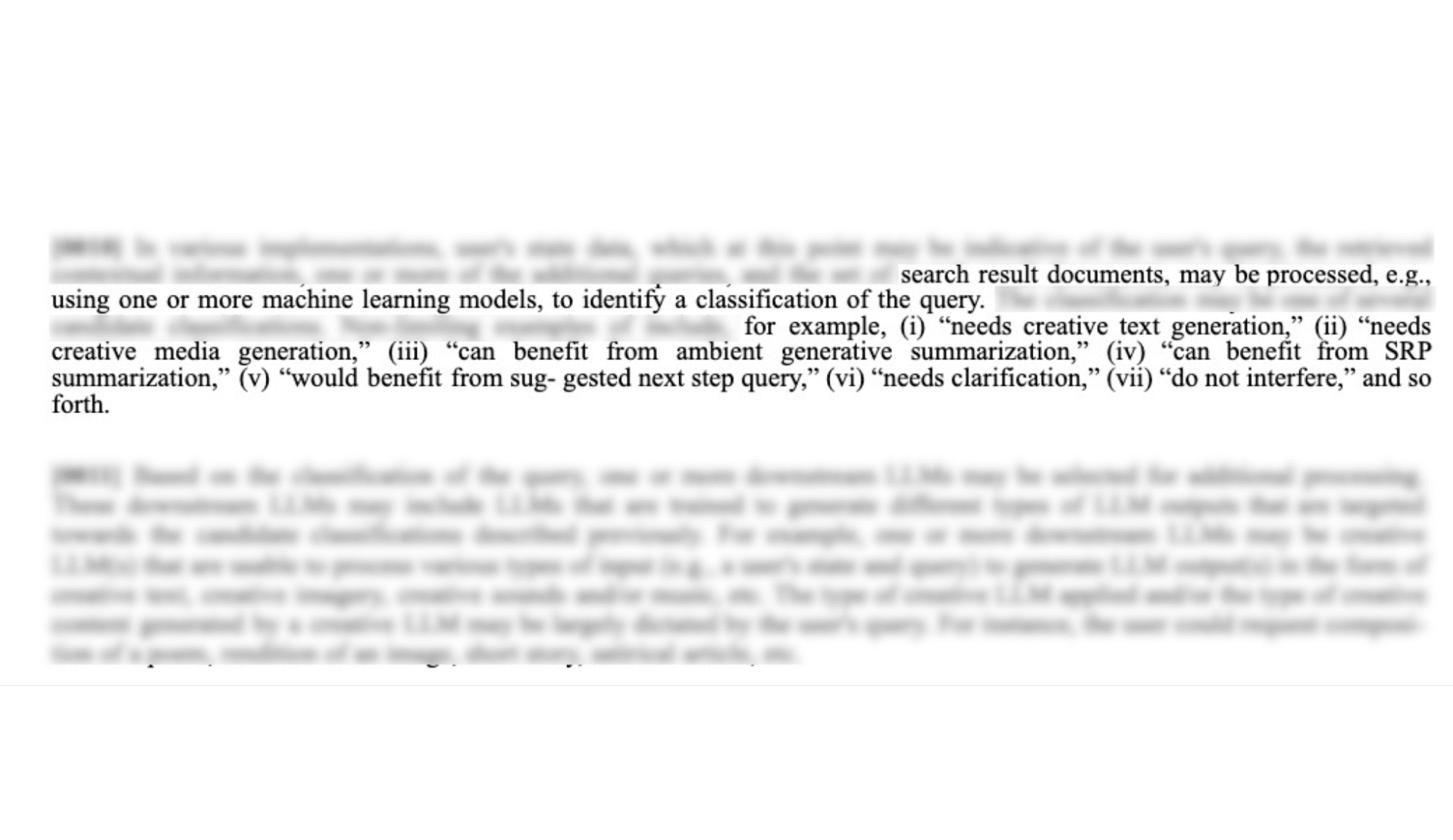 Patent text excerpt showing query classification categories, and other processing types