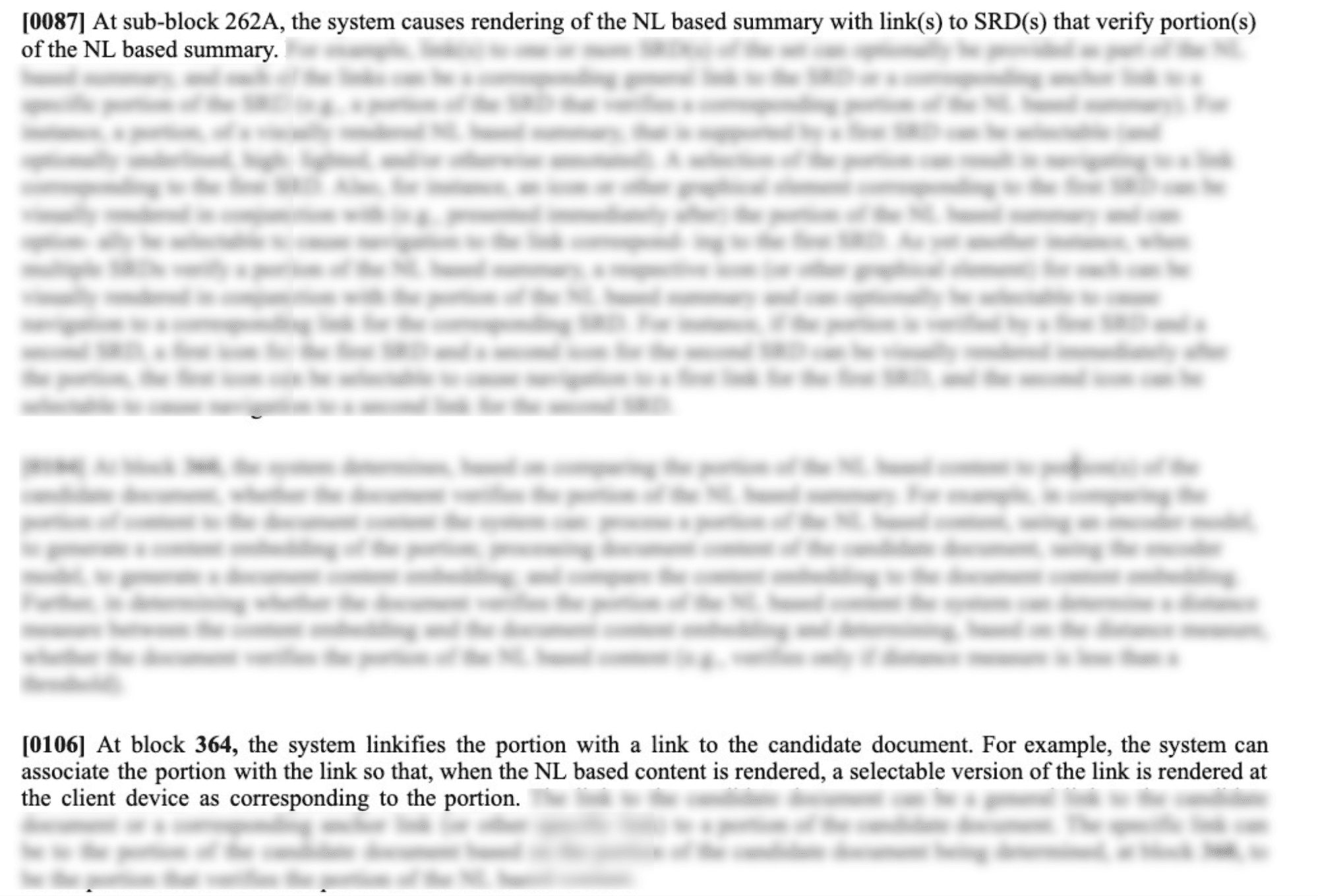 Patent text excerpt explaining the linkification process where AI summaries are linked to source documents through content embedding comparison and distance measurement for verification