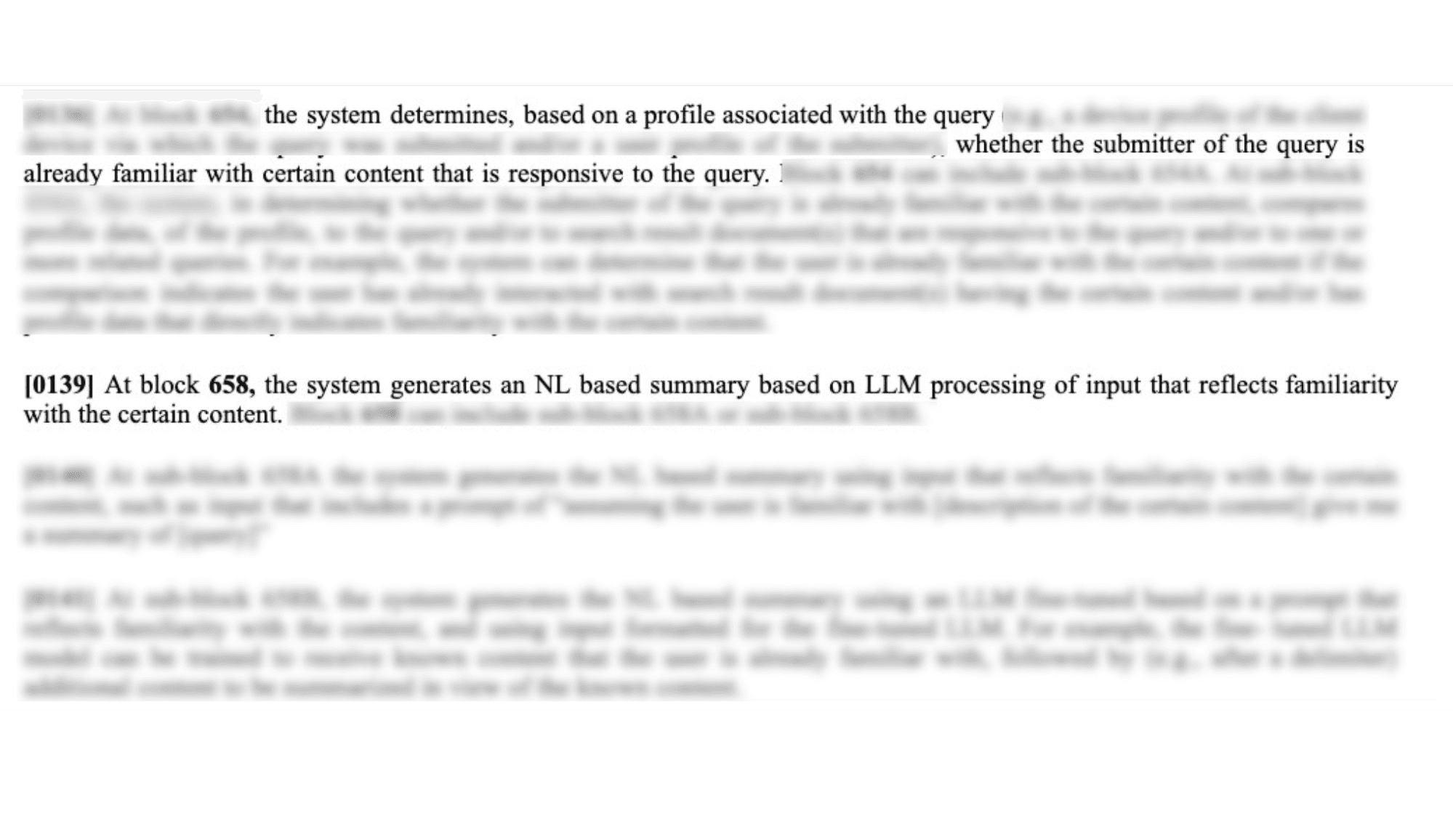 Patent text excerpt describing how the system determines user familiarity with content by analyzing user profiles and search history to tailor response complexity and detail level
