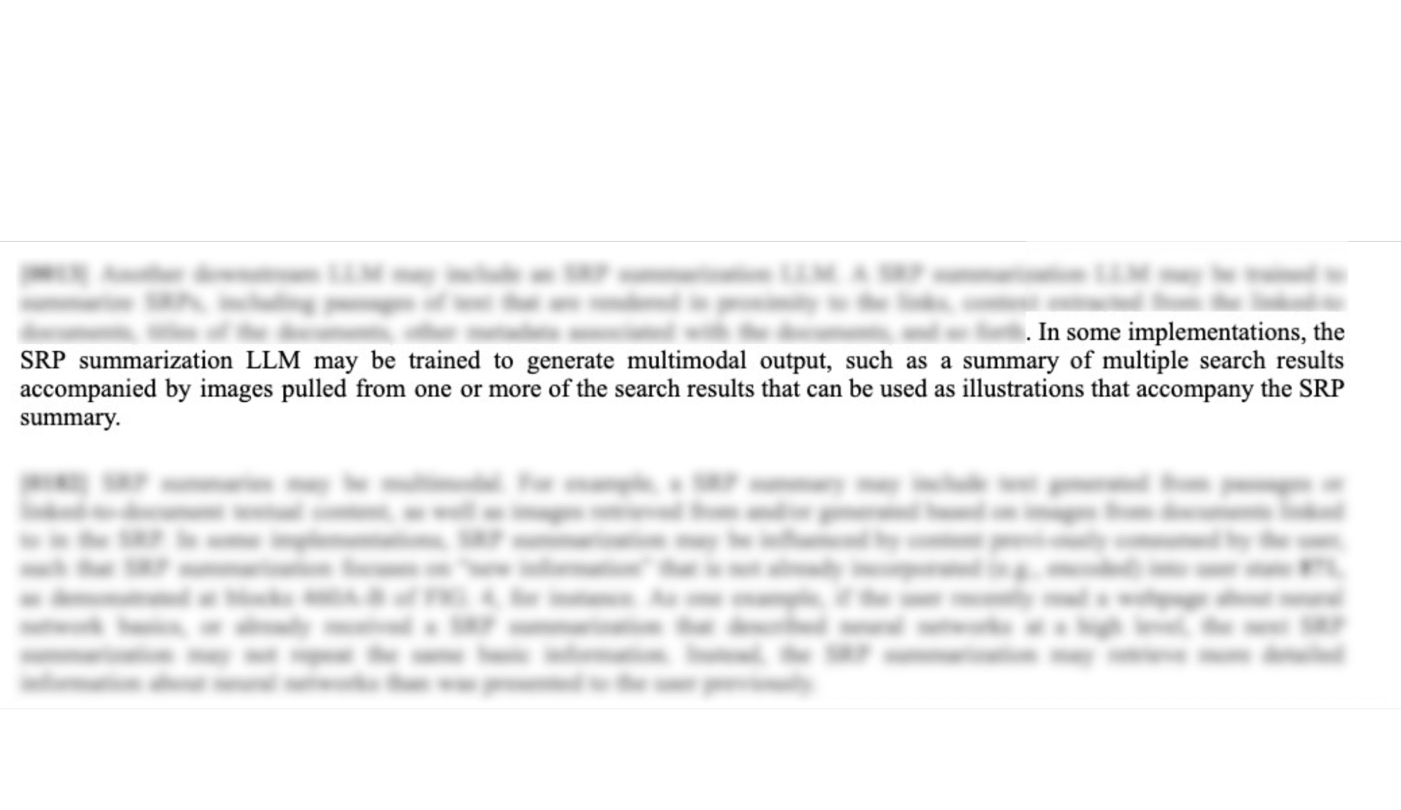 Patent text explaining multimodal LLM capabilities for search result page summarization, including processing of images, videos, and visual context alongside text content