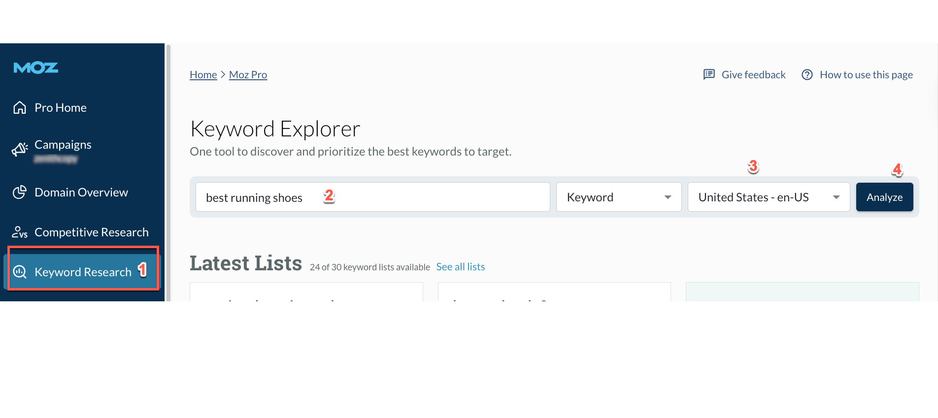 Moz Pro keyword research interface with options to analyze keyword data
