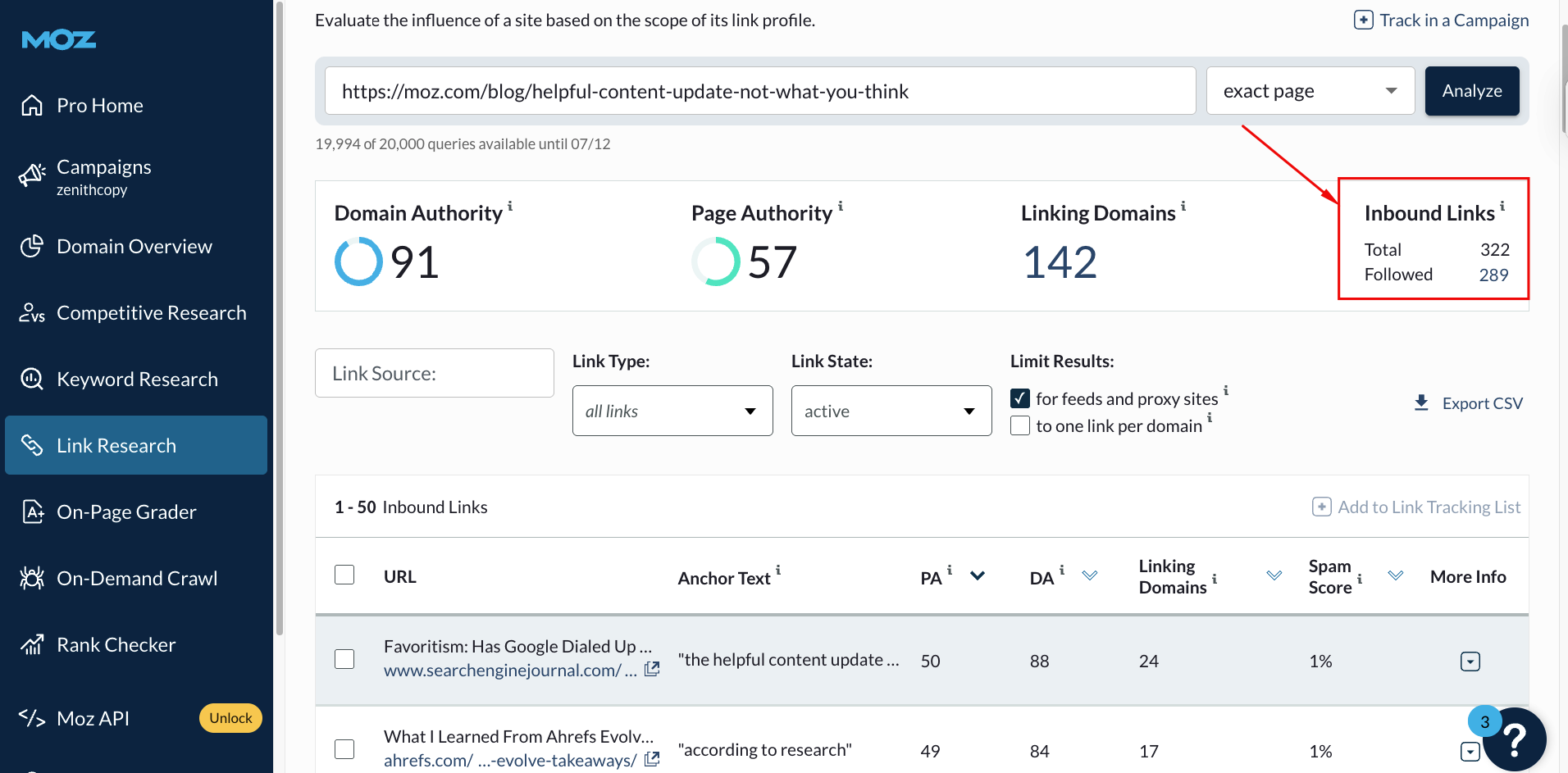 Moz Link Research metrics for Tom Capper’s HCU research showing backlinks from trusted domains