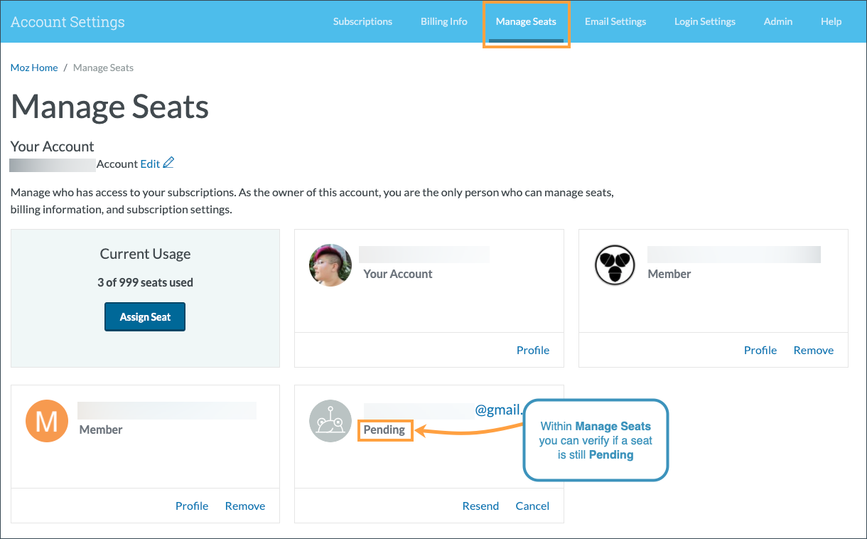 The manage seats view is available in your account settings and allows you to see who is seated on your subscription and who is still pending.