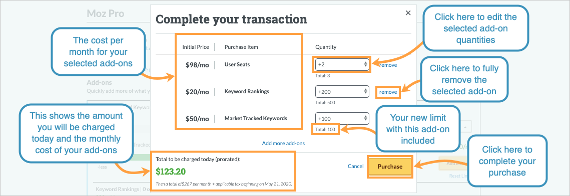 A preview of your purchase will then be displayed stating how much you will pay today. Click Purchase to continue.