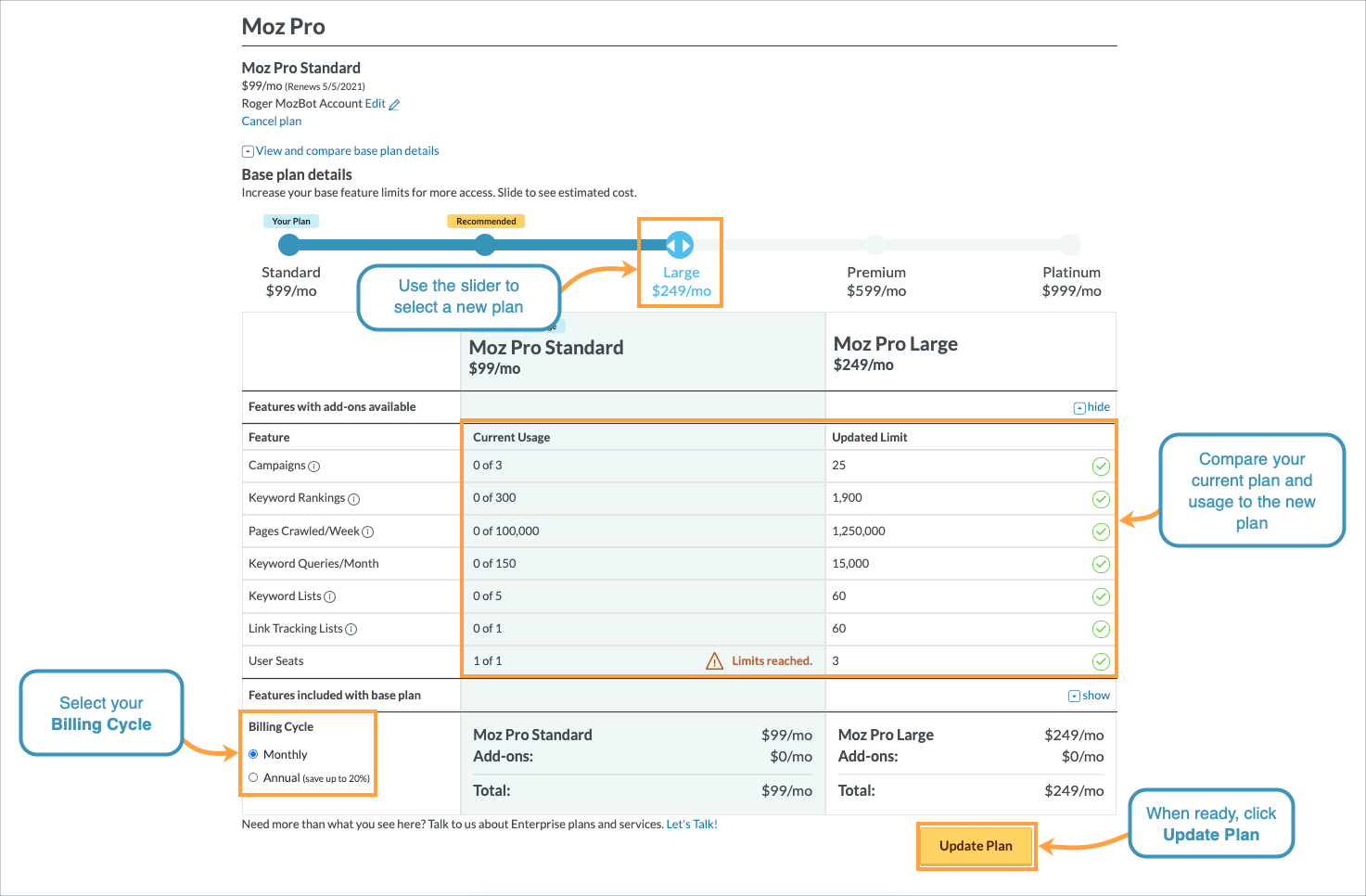 Use the slider to select your new plan and then click Update Plan to move forward.