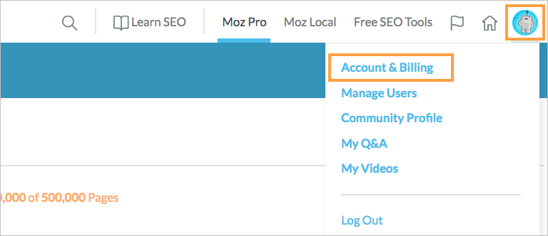 Access the account & billing section of your account via the drop-down menu on the top right.