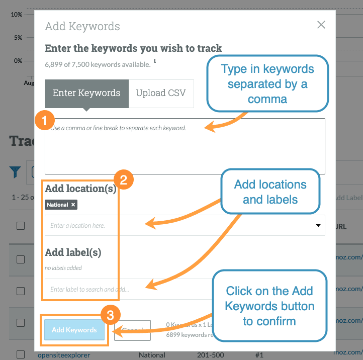Type in the keywords you're wanting to add, select the country and label, and then click add keywords.