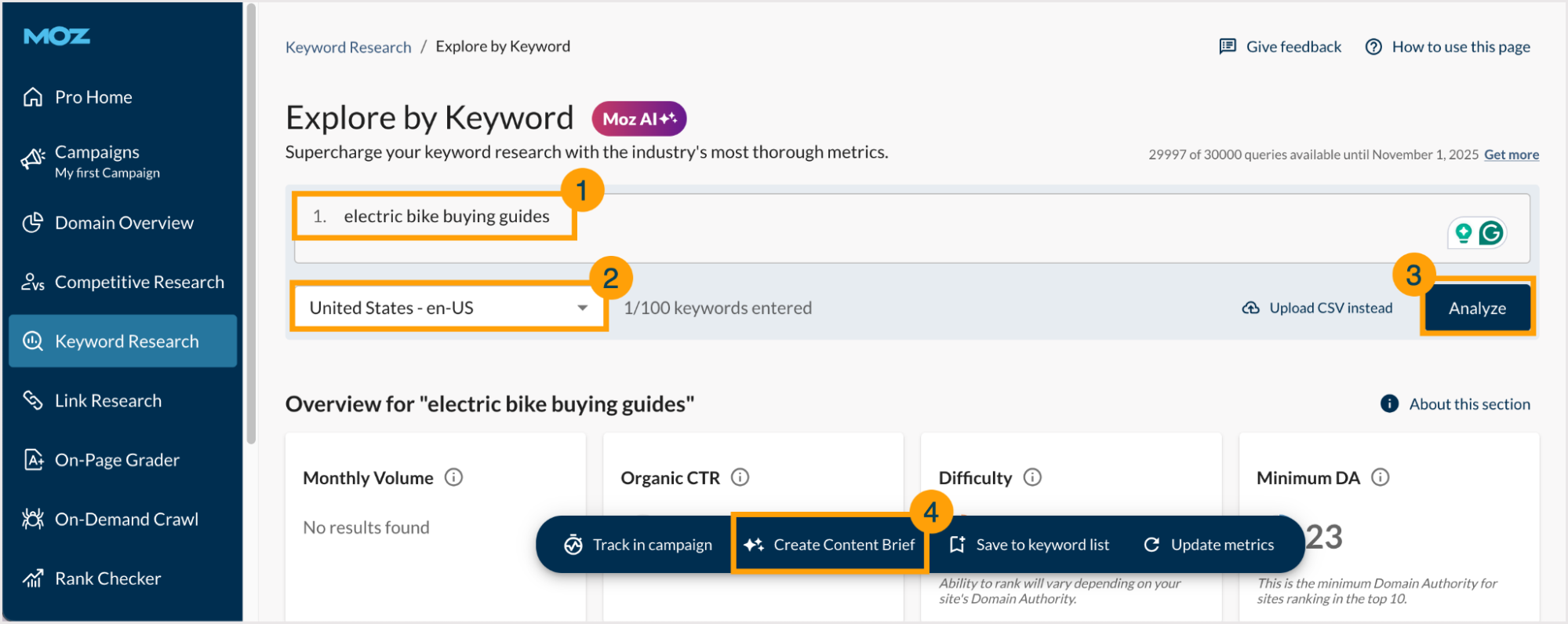 Screenshot showing the steps to generate a content brief from within Explore by Keyword.
