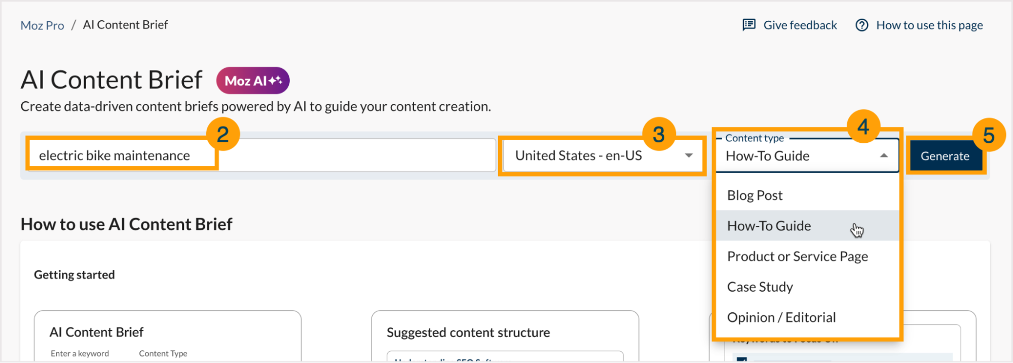 Screenshot showing the steps to generate a content brief from within the content brief tool.