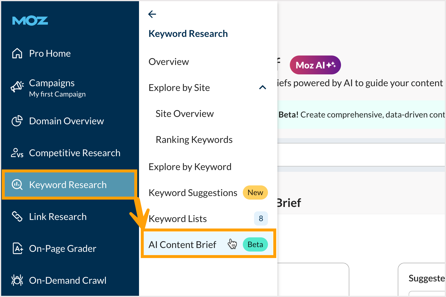 Screenshot showing the menu location for AI Content Brief.