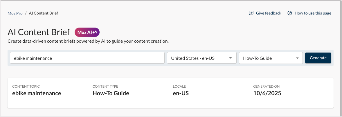 Screenshot of AI Content Brief overview modules after report generation.