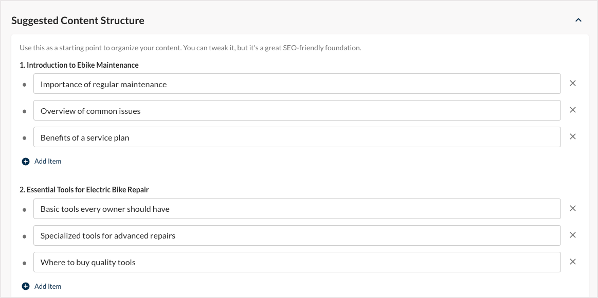 Screenshot of the Suggested Content Structure section of AI Content Brief.
