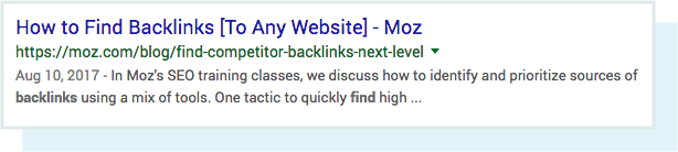 A screenshot of the meta description for the query 'find backlinks' in the SERPs.