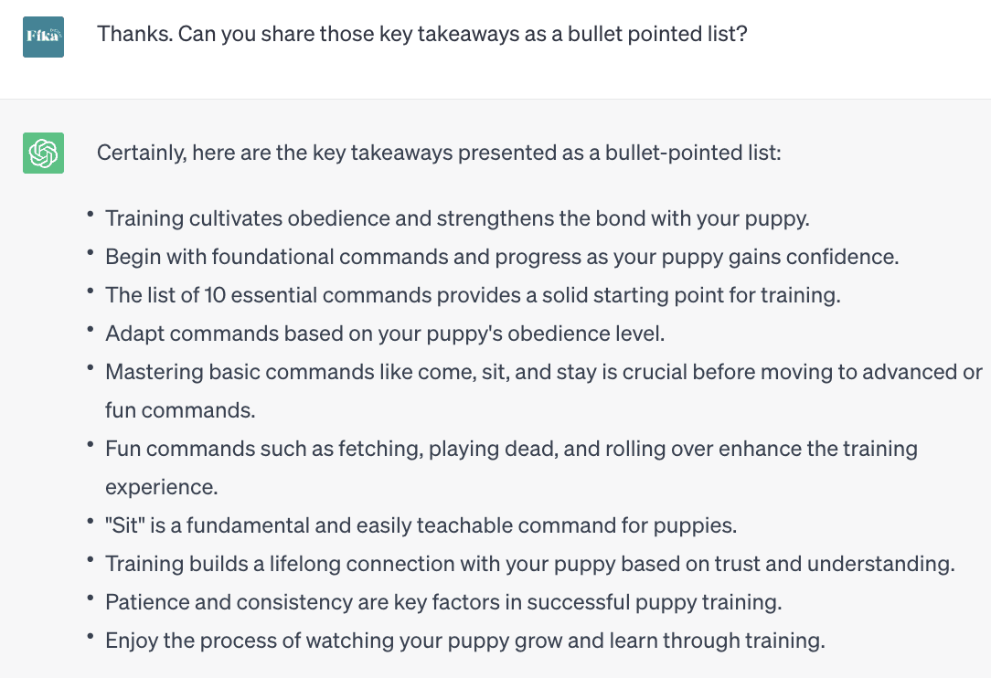 Screenshot of ChatGPT conversation. The user writes "Thanks. Can you share those key takeaways as a bullet pointed list?"  ChatGPT responds with a bullet pointed list, as requested