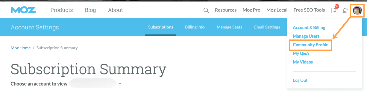 Your community profile is available via the drop-down on the top right.