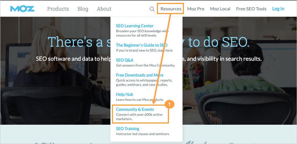Resources menu location with option to select community and events.
