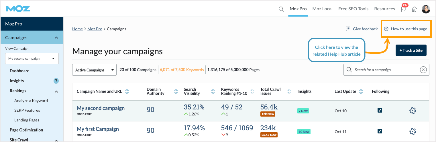 Help Hub link location at the top right of each page within the tools.