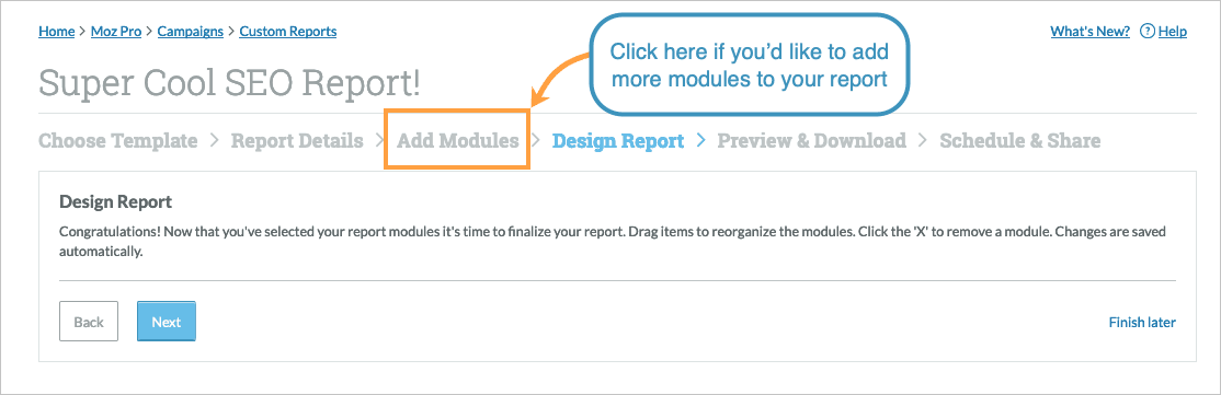 Head back to add more modules by using the breadcrumb links.