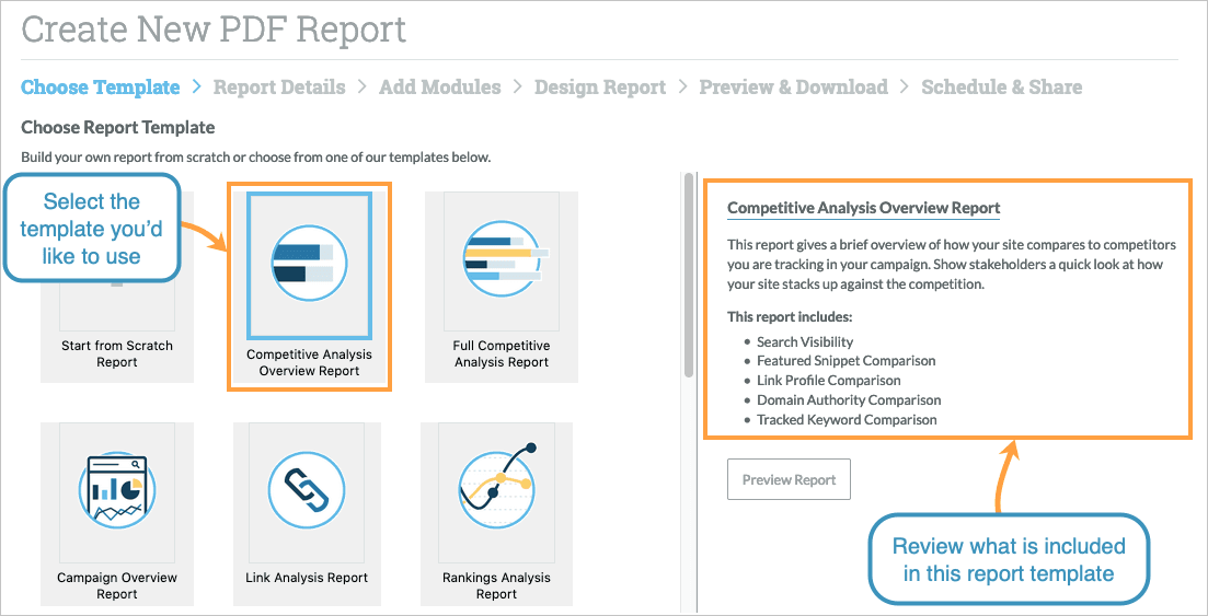 You also have the option to select a template and preview it using the link to the right.