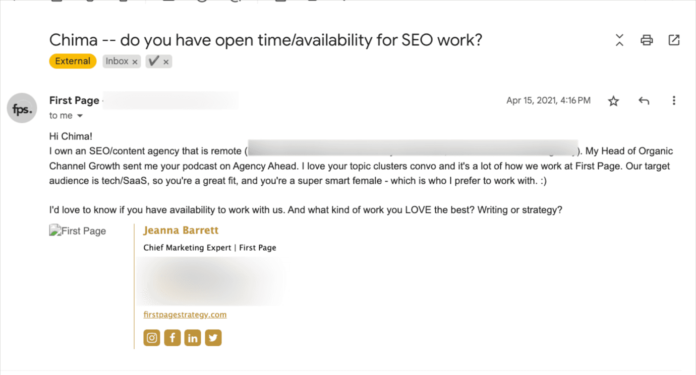 Email screenshot from First Page agency inquiring about Chima Mmeje's availability for SEO work