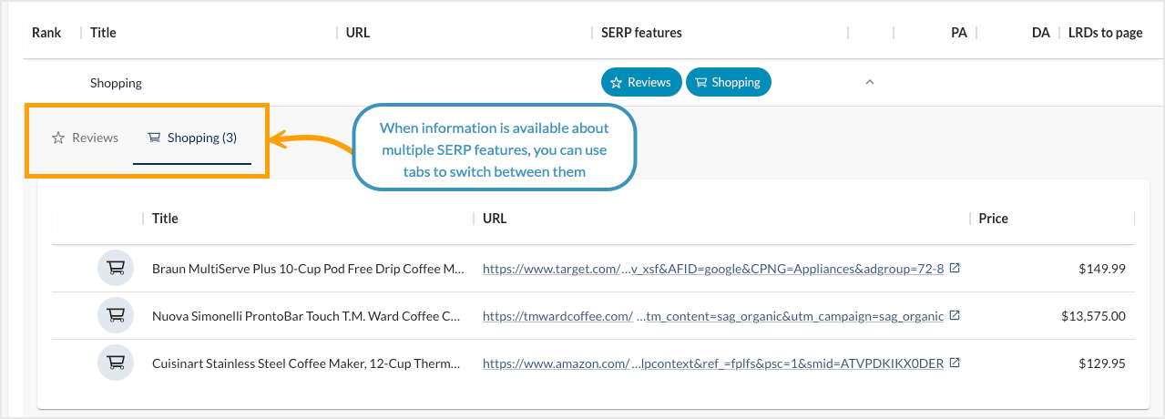Screenshot of SERP Analysis with multiple SERP Feature tabs.