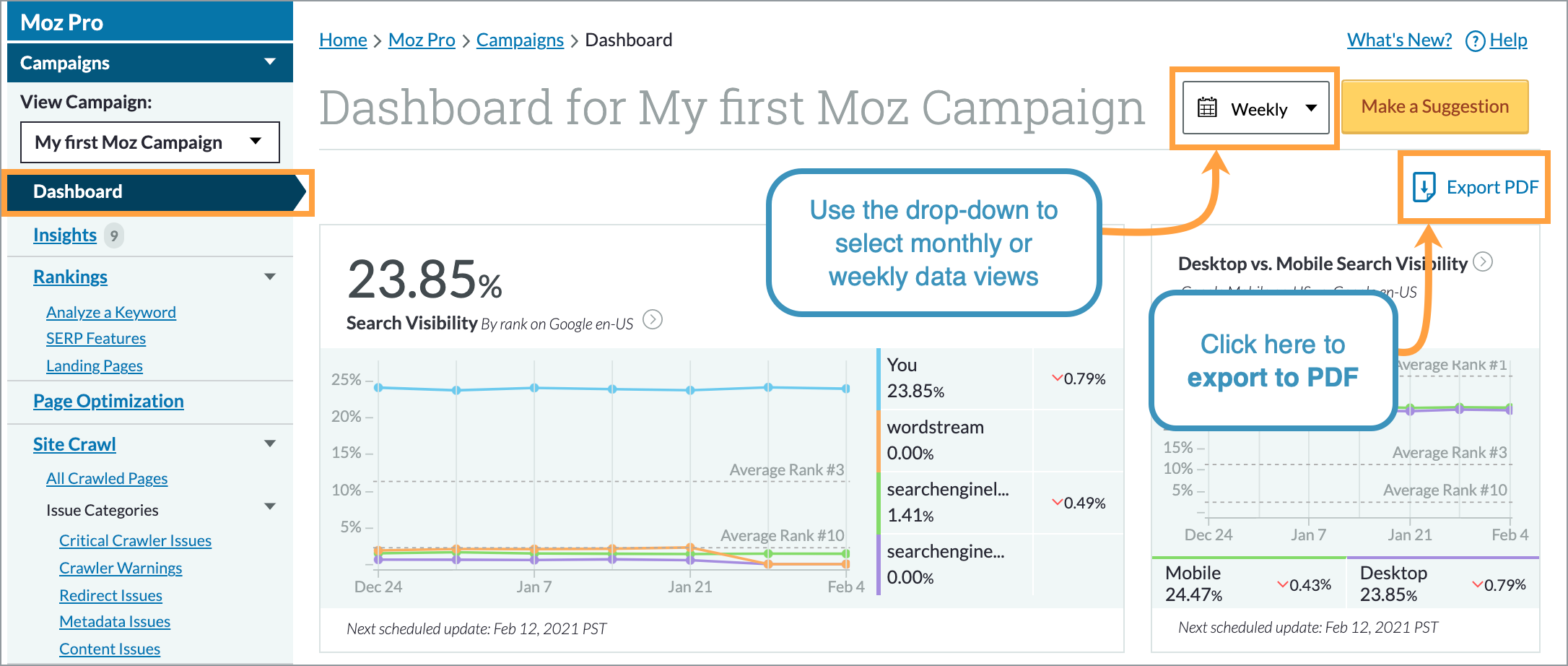 Export your Moz Campaign dashboard as a PDF using the button on the top right.