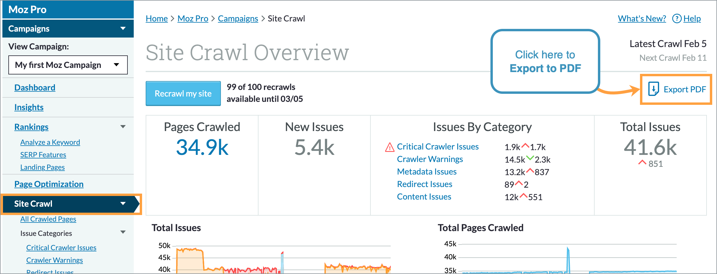 Export your Site Crawl Overview to PDF via the link on the top right.