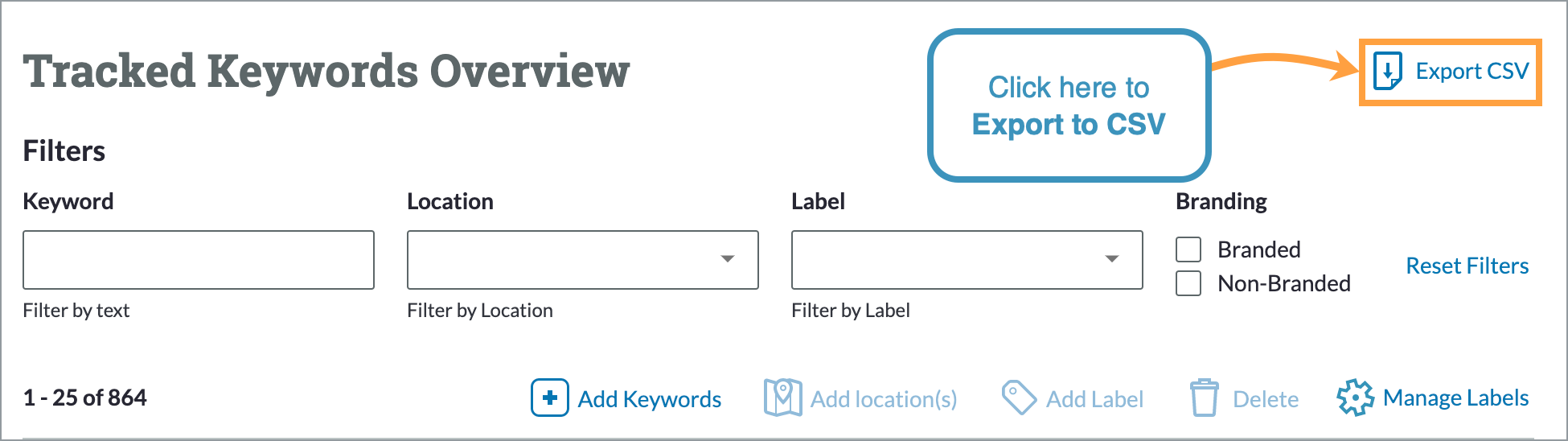 The option to export your Moz Rankings to CSV is above your Tracked Keywords Overview.