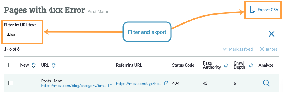 Pages with 4xx Error view in Site Crawl with filter bar filled in with /blog to find pages associated with this subfolder. The export CSV button is highlighted to show that you can export filtered results.