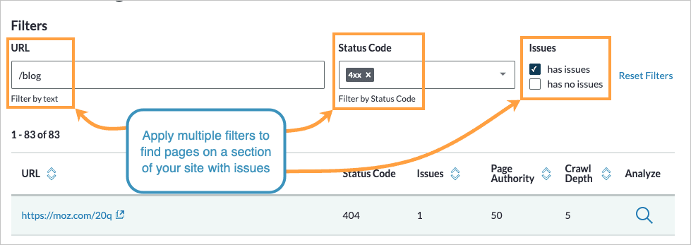 All Crawled Pages section of Site Crawl illustrating that multiple filters are able to be applied at once.