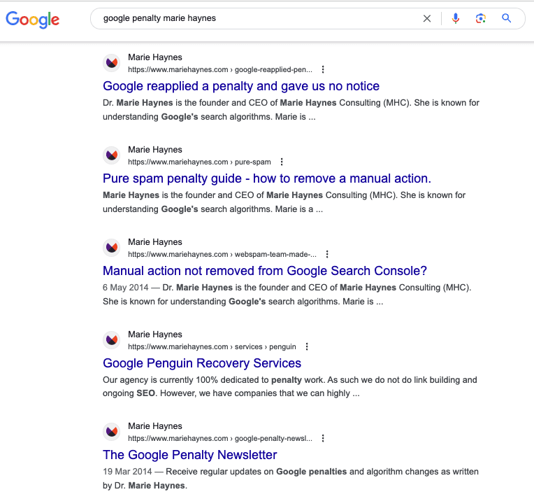 Google search results displaying pages about Marie Haynes