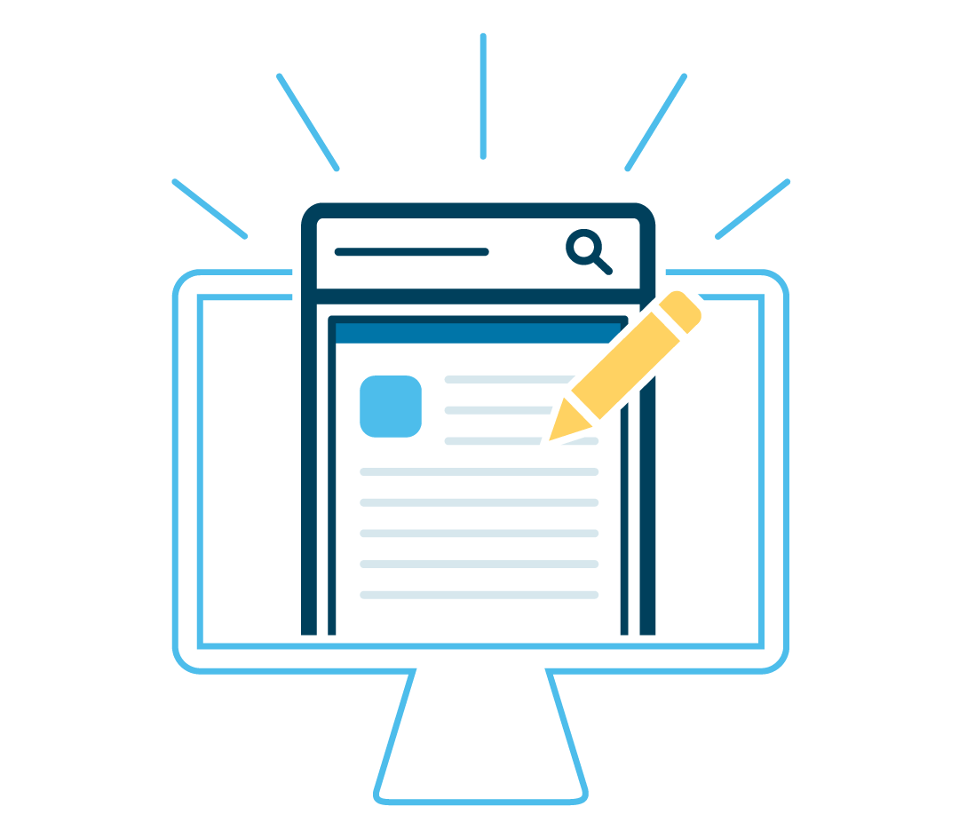 An illustrated laptop screen with a browser page and a yellow pencil, symbolizing content creation.