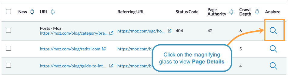 Site Crawl view - click the magnifying glass under analyze to head to page details.