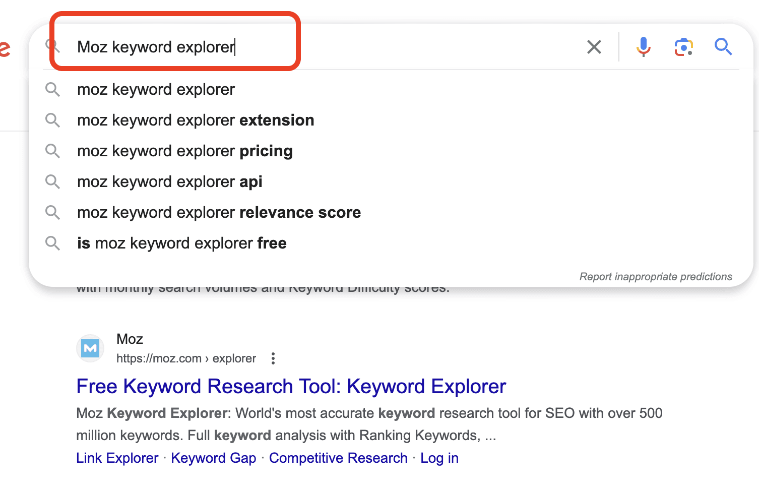 Screenshot of Google search suggesting branded search queries of Moz